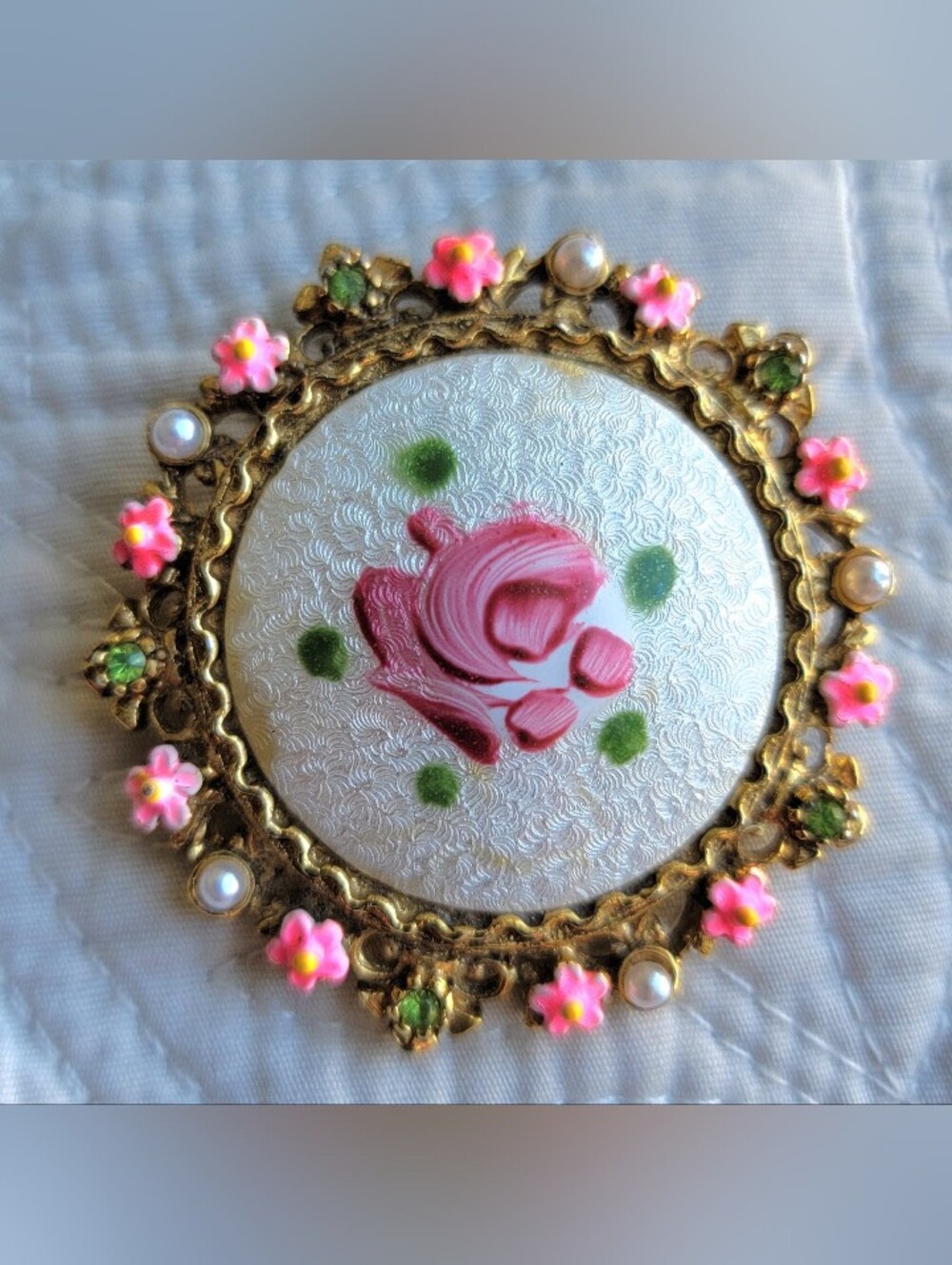 Vintage Floral Enamel Brooch with Pink Roses Signed By ART Arther Pepper